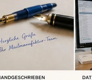 Füllfederhalter auf einem Brief mit handgeschriebenem Gruß in blauer Tinte