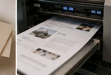 Ein bedruckter Bogen läuft aus dem Digitaldrucker in die Ablage