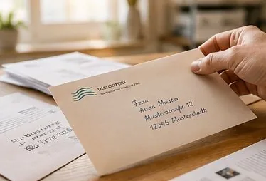 Eine Hand hält einen adressierten Dialogpost-Umschlag über den Schreibtisch