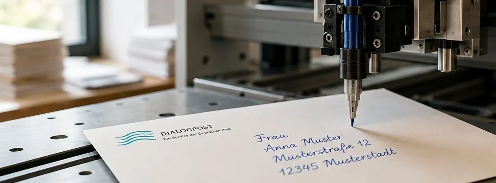Der Schreibroboter zieht mit Kugelschreiber eine Adresse auf einen Umschlag