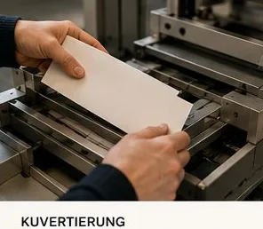 Zwei Hände führen einen Umschlag in die Kuvertiermaschine