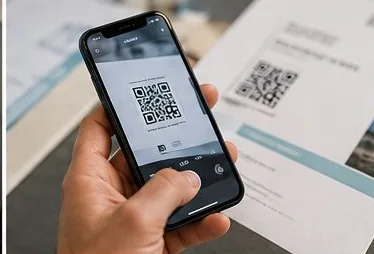 Ein Smartphone scannt den QR-Code auf einem aufgeschlagenen Brief