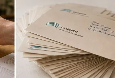 Ein Stapel fertiger Dialogpost-Umschläge mit sichtbaren Anschriften