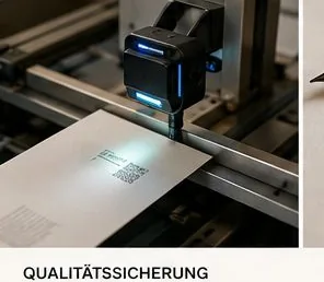 Eine Kamera liest den Matrixcode auf einem Umschlag in der Kuvertier-Prüfung